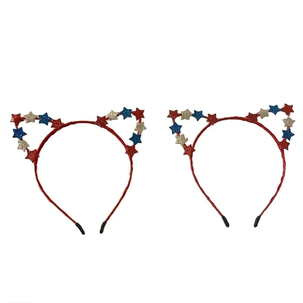 Red Blue Silver Glittery Tiny Stars White Wire Cat Ear July 4th Headbands 2Pc